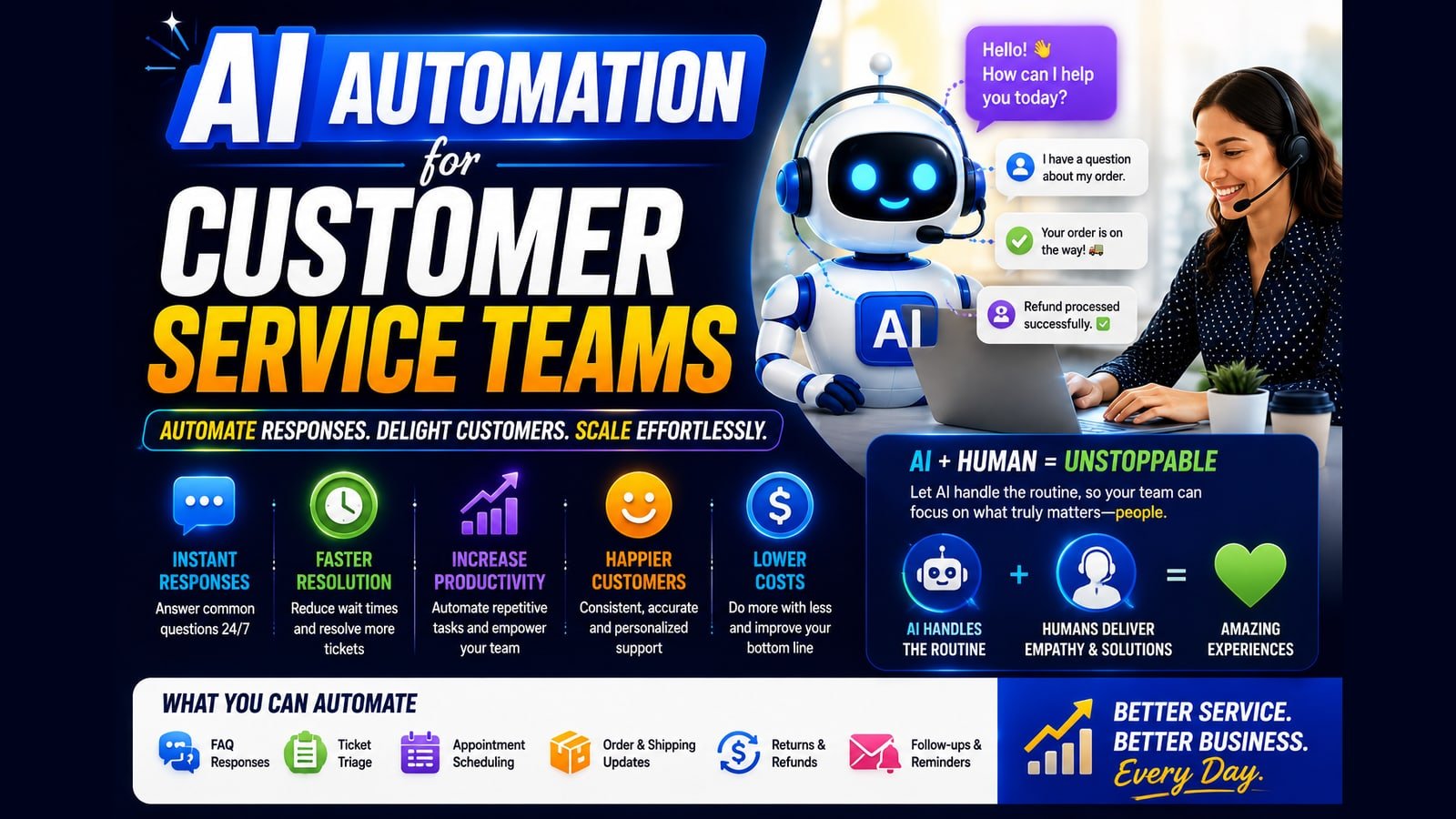 An AI robot wearing a headset beside a support agent at a laptop, with chat bubbles showing an order question, a shipping update and a refund confirmation, next to five benefits — instant responses, faster resolution, productivity, happier customers and lower costs — and a list of what can be automated: FAQ responses, ticket triage, appointment scheduling, order and shipping updates, returns and refunds, and follow-ups.