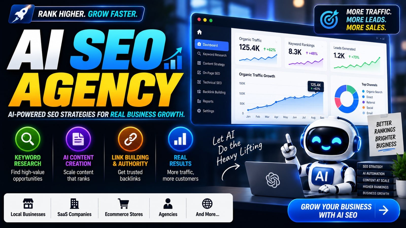 An AI SEO agency banner showing an illustrative analytics dashboard mockup with organic traffic, keyword ranking and lead charts, alongside the four things such agencies typically sell: keyword research, AI content creation, link building and reporting.