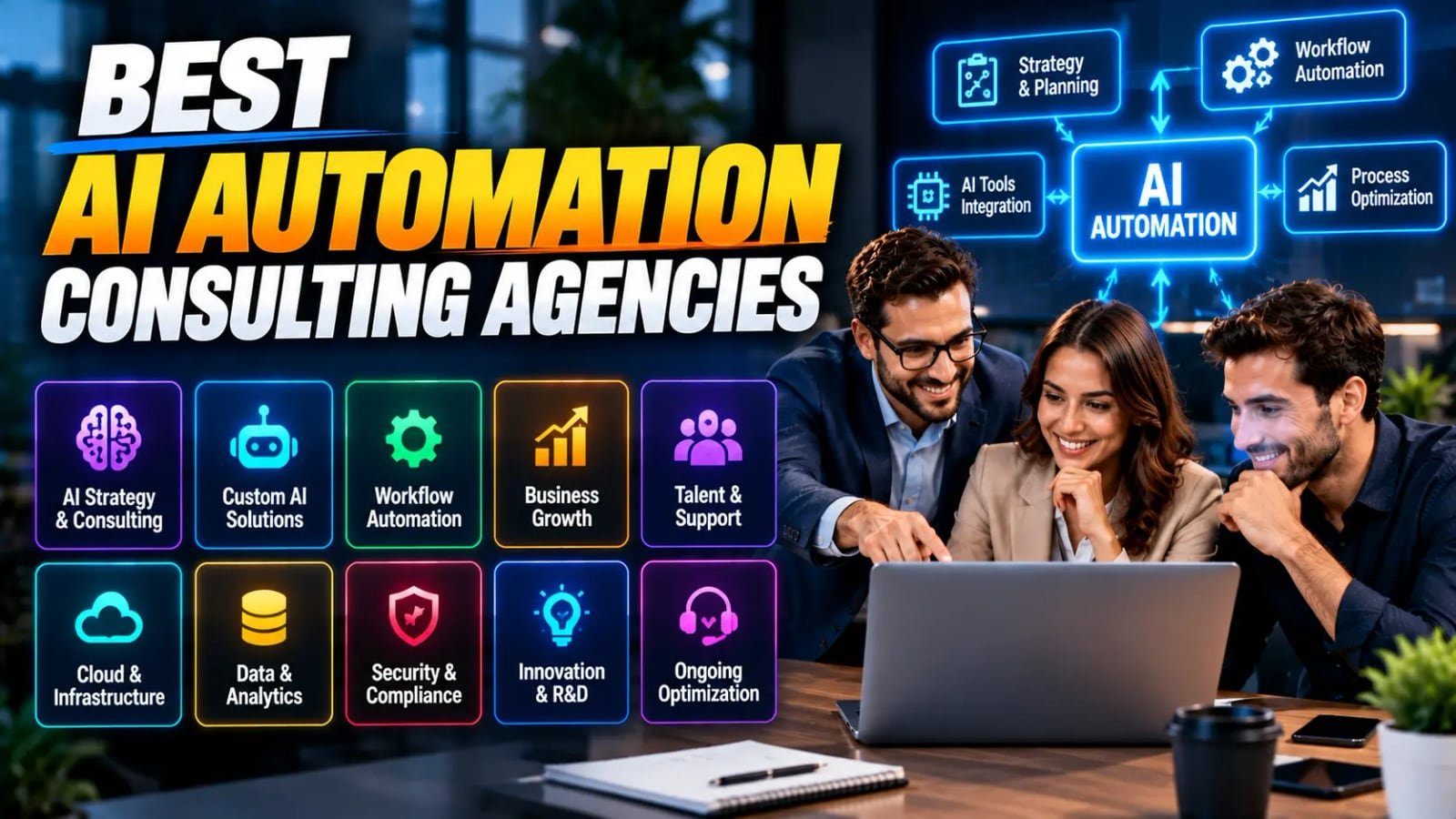 "Best AI automation consulting agencies" headline beside tiles for the services these firms offer — AI strategy, custom AI solutions, workflow automation, data and analytics, security and compliance, ongoing optimization — with three colleagues reviewing a laptop under a diagram of AI automation connected to strategy, tools integration and process optimization.