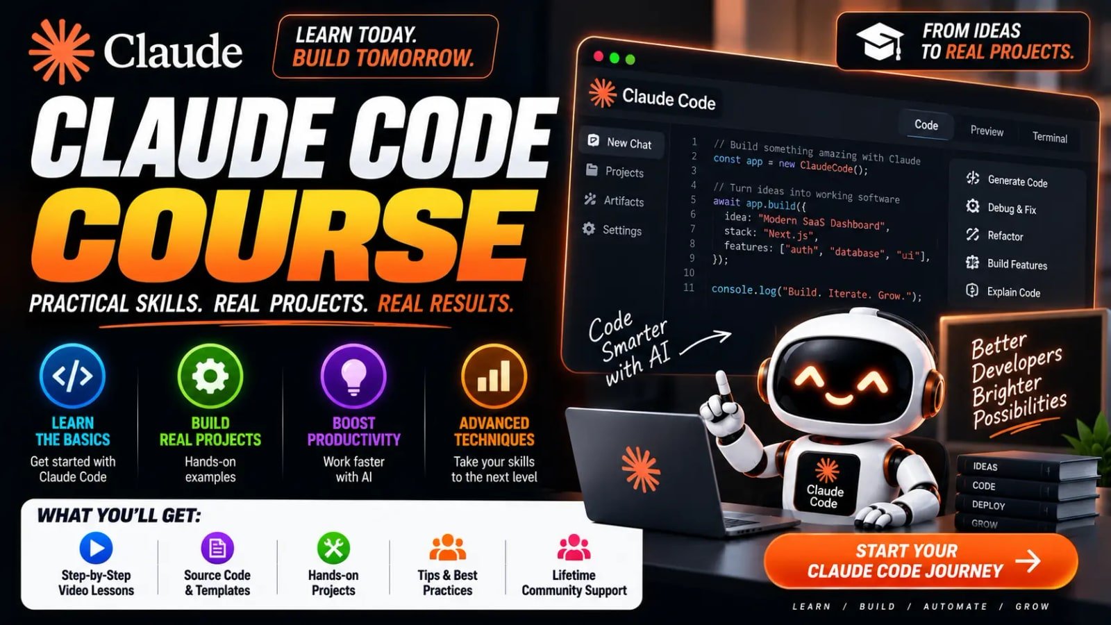 A Claude Code course banner showing a code editor building an app from a plain-language description, alongside the four areas a course covers: learning the basics, building real projects, working faster, and advanced techniques.