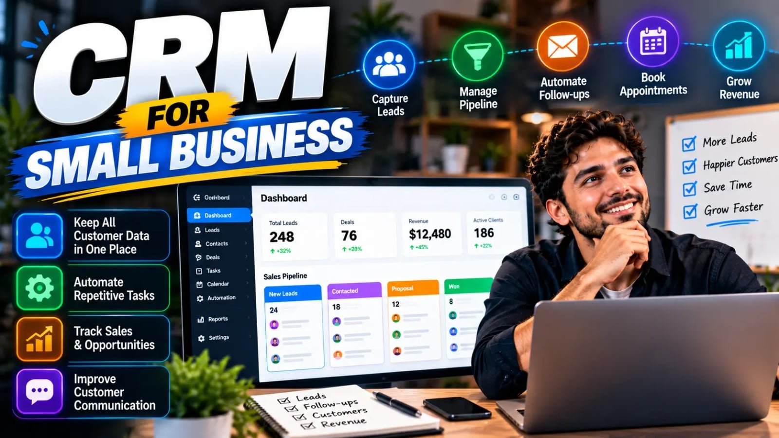 "CRM for small business" headline above a sample CRM dashboard with a sales pipeline running from new leads to contacted, proposal and won, beside tiles for keeping customer data in one place, automating repetitive tasks, tracking sales and improving customer communication.