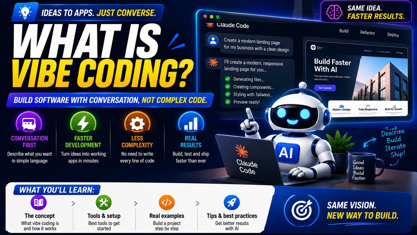 A vibe coding explainer banner showing a chat conversation asking an AI coding tool for a landing page and the page it generates, alongside points on conversation-first building, faster development, less complexity and real results.